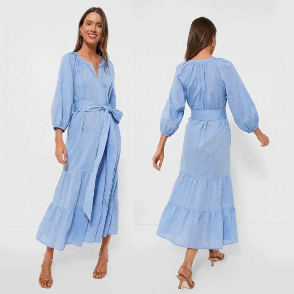Tuckernuck Chambray Lyles Dress Blue Cotton Maxi Linen Size XL NWT - Picture 3 of 11